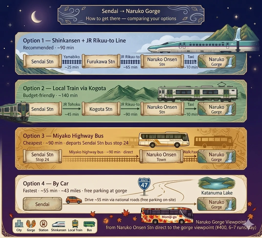 Different Ways of How to travel between Sendai and Naruko Gorge