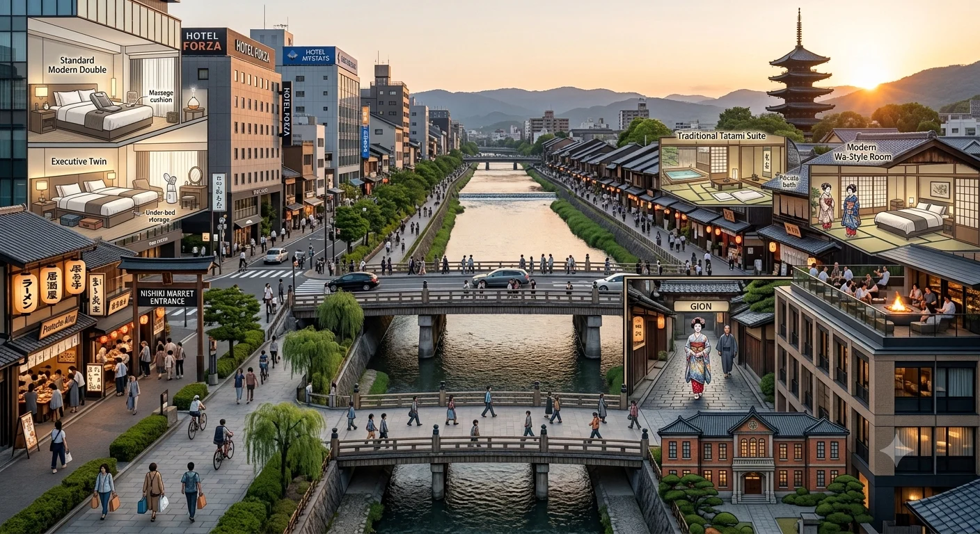 Bustling riverside city with bridges, modern and traditional buildings along a canal at sunset, pedestrians everywhere.